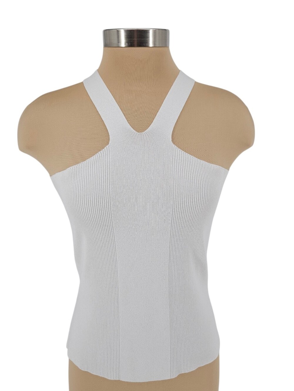 Cache Halter Tank Top White Sleeveless Sexy Stretch Rib Knit V Neck Shirt Small